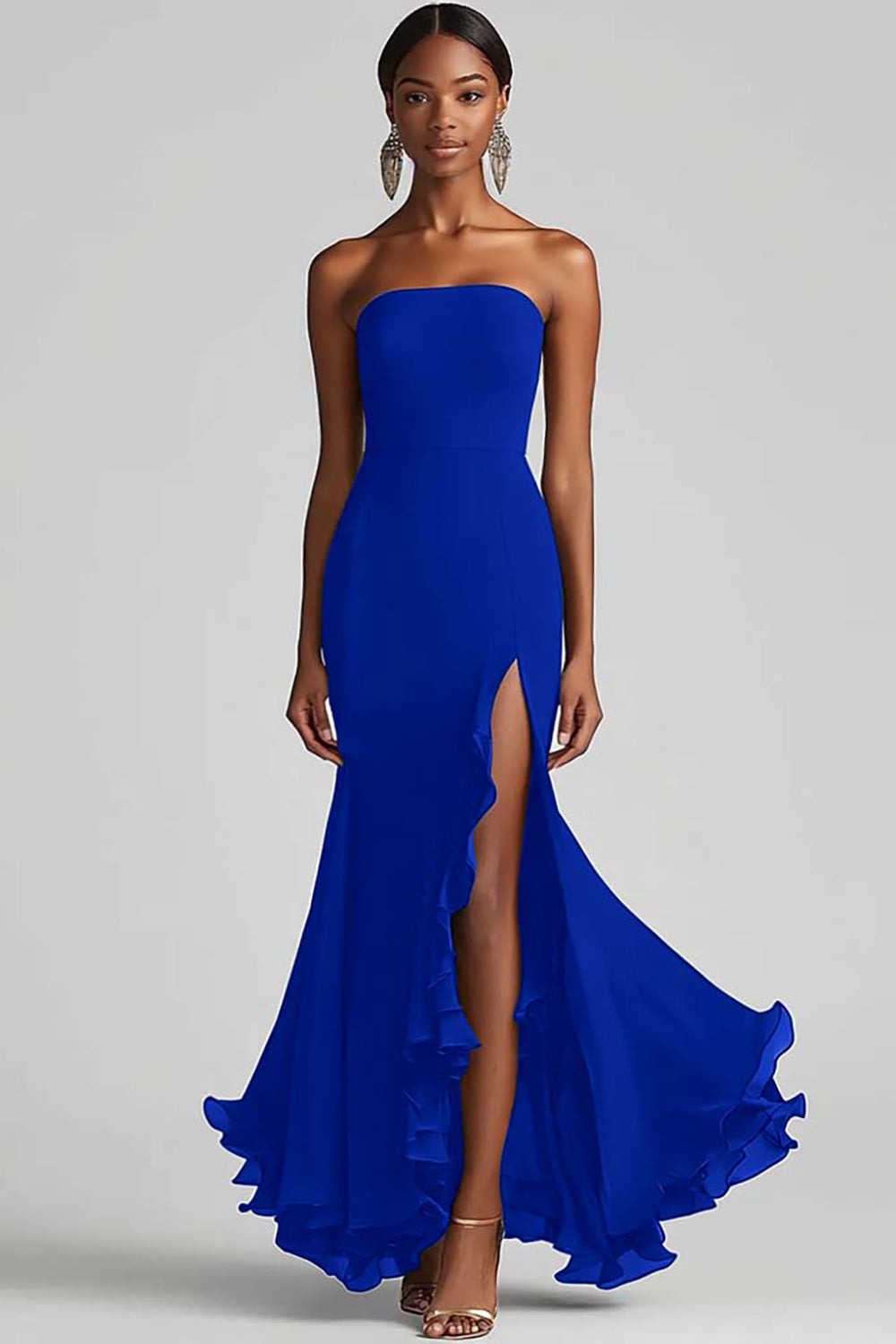 Royal Blue Strapless Sheath Long Chiffon Formal Dress with Slit