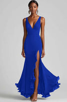 Load image into Gallery viewer, Queendancer Women Ink Blue Chiffon Long Formal Dress with Slit Sleeveless Mermaid V-Neck Evening Dress with Ruffles