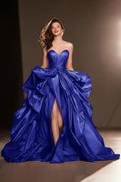 Load image into Gallery viewer, Dark Red A Line Satin Ruffled Sweetheart Ball Gown Long Pageant Dress with Slit