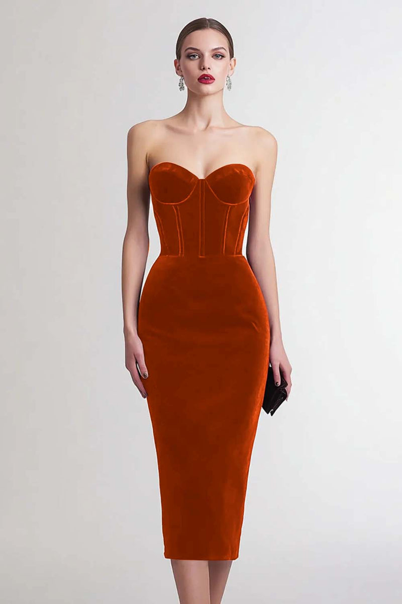 Load image into Gallery viewer, Burgundy Velvet Sweetheart Bodycon Midi Corset Holiday Party Dress