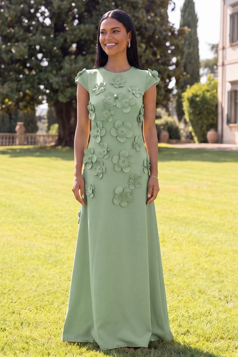 Load image into Gallery viewer, Butter Yellow Round Neck A Line Floral Long Formal Dress with Sleeves