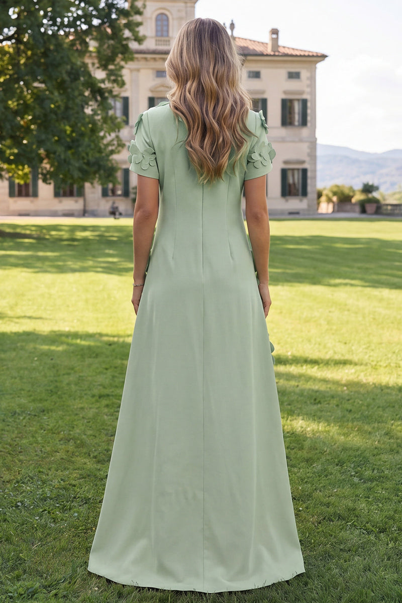 Load image into Gallery viewer, Round Neck Blue Floral A Line Long Formal Dress with Sleeves