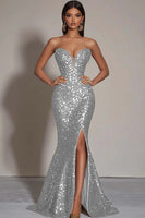 Load image into Gallery viewer, Sparkly Strapless Gold Mermaid Long Sequins Formal Dress with Slit