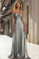 Load image into Gallery viewer, Sparkly Gold Metallic Sheath Pleated Long Prom Dress with Beading