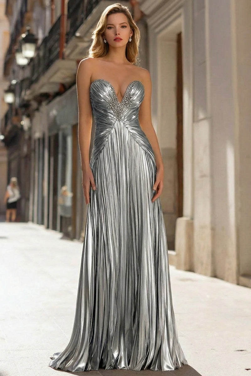 Load image into Gallery viewer, Sparkly Gold Metallic Sheath Pleated Long Prom Dress with Beading
