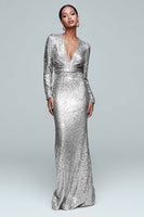 Load image into Gallery viewer, Sparkly Gold Mermaid Sequin V-Neck Long Sleeves Holiday Party Dress