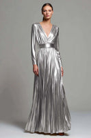 Load image into Gallery viewer, Sparkly Gold Metallic Pleated V-Neck A-Line Long Sleeves Formal Dress