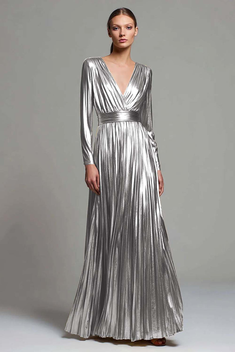 Load image into Gallery viewer, Sparkly Gold Metallic Pleated V-Neck A-Line Long Sleeves Formal Dress