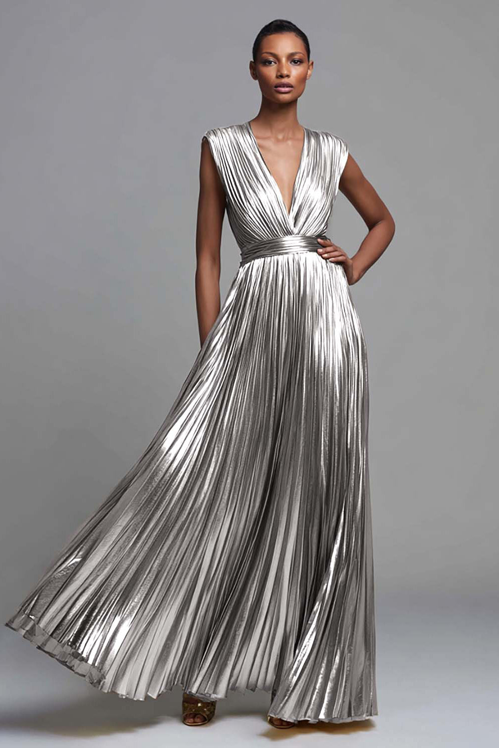 Sparkly Silver Metallic A-Line Deep V-Neck Pleated Long Formal Dress