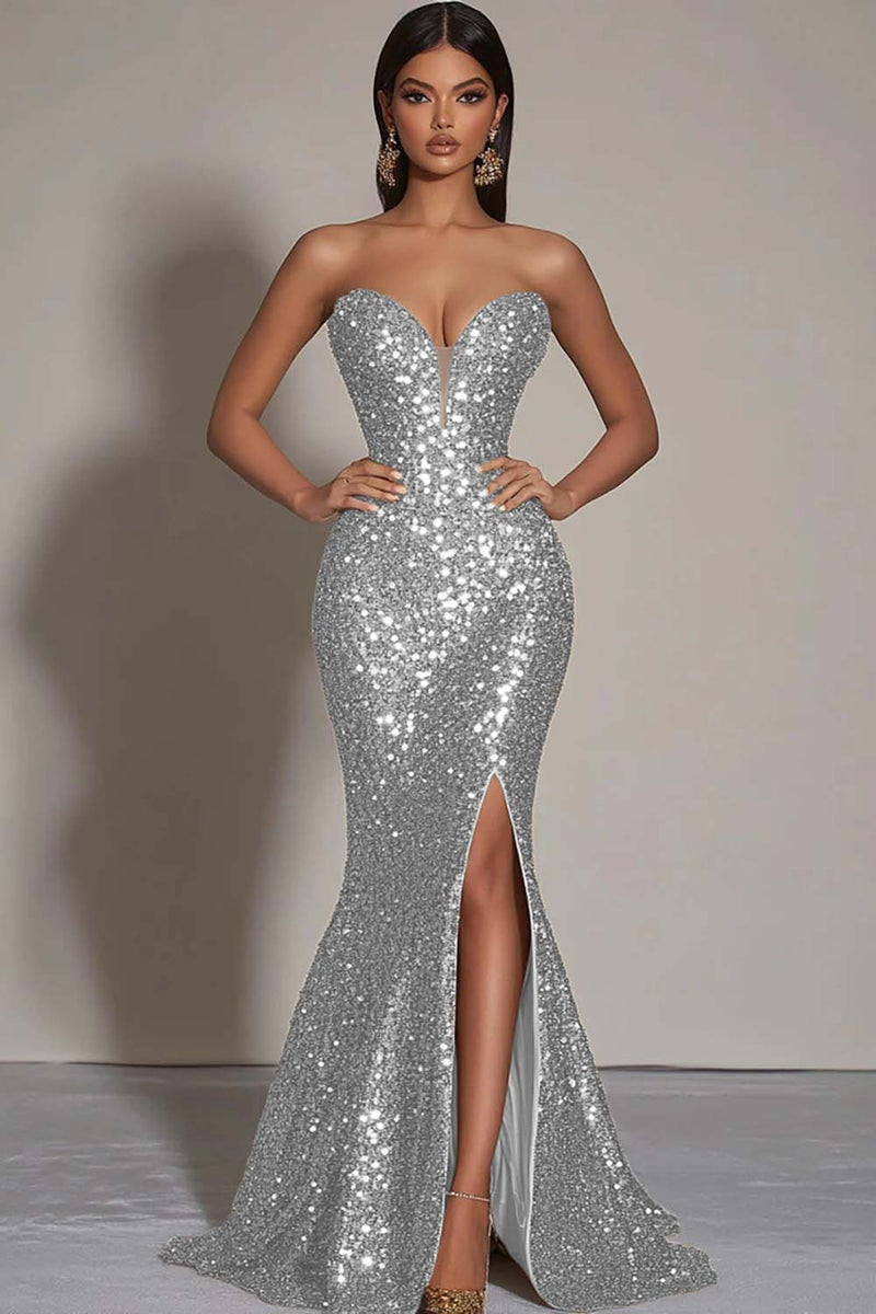 Load image into Gallery viewer, Sparkly Strapless Gold Mermaid Long Sequins Formal Dress with Slit