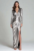 Load image into Gallery viewer, Sparkly Gold Sheath Metallic V-Neck Long Sleeves Formal Dress with Slit
