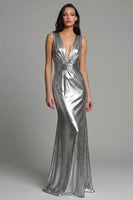 Load image into Gallery viewer, Sparkly Gold Mermaid Metallic Deep V-Neck Long Formal Dress