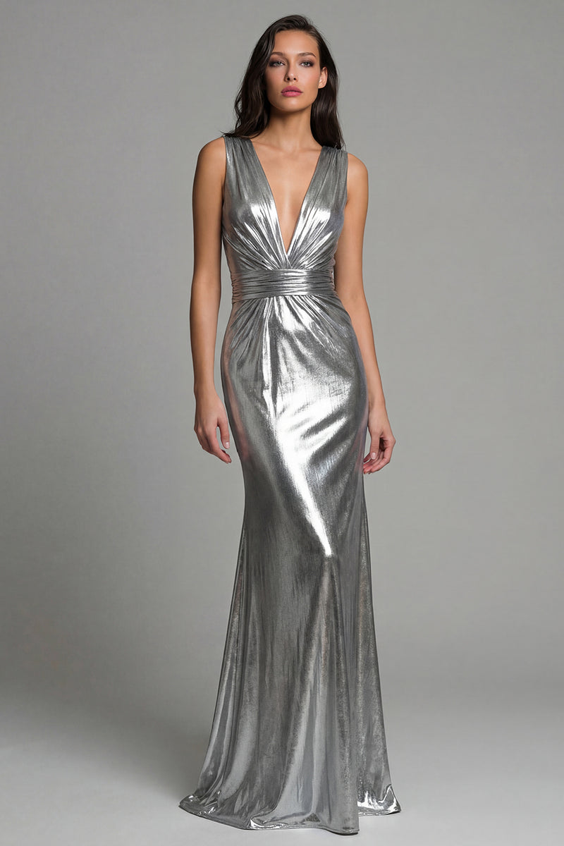 Load image into Gallery viewer, Sparkly Gold Mermaid Metallic Deep V-Neck Long Formal Dress