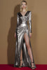 Load image into Gallery viewer, Glitter Golden Metallic Ruched V-Neck Long Sleeves Gala Dress with Slit