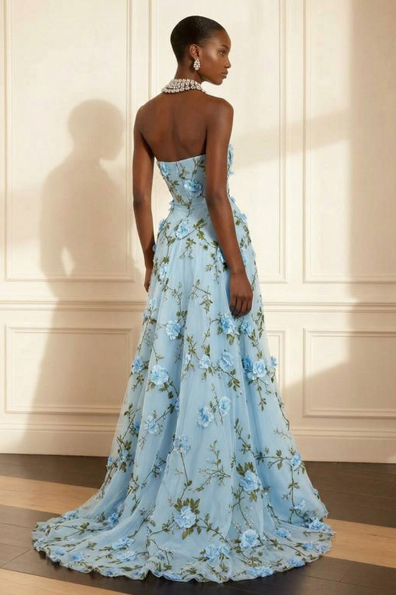 Load image into Gallery viewer, Floral Purple Strapless A Line Long Corset Prom Dress