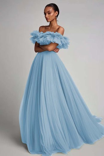 Dusty Rose A Line Tulle Ruffled Long Formal Dress