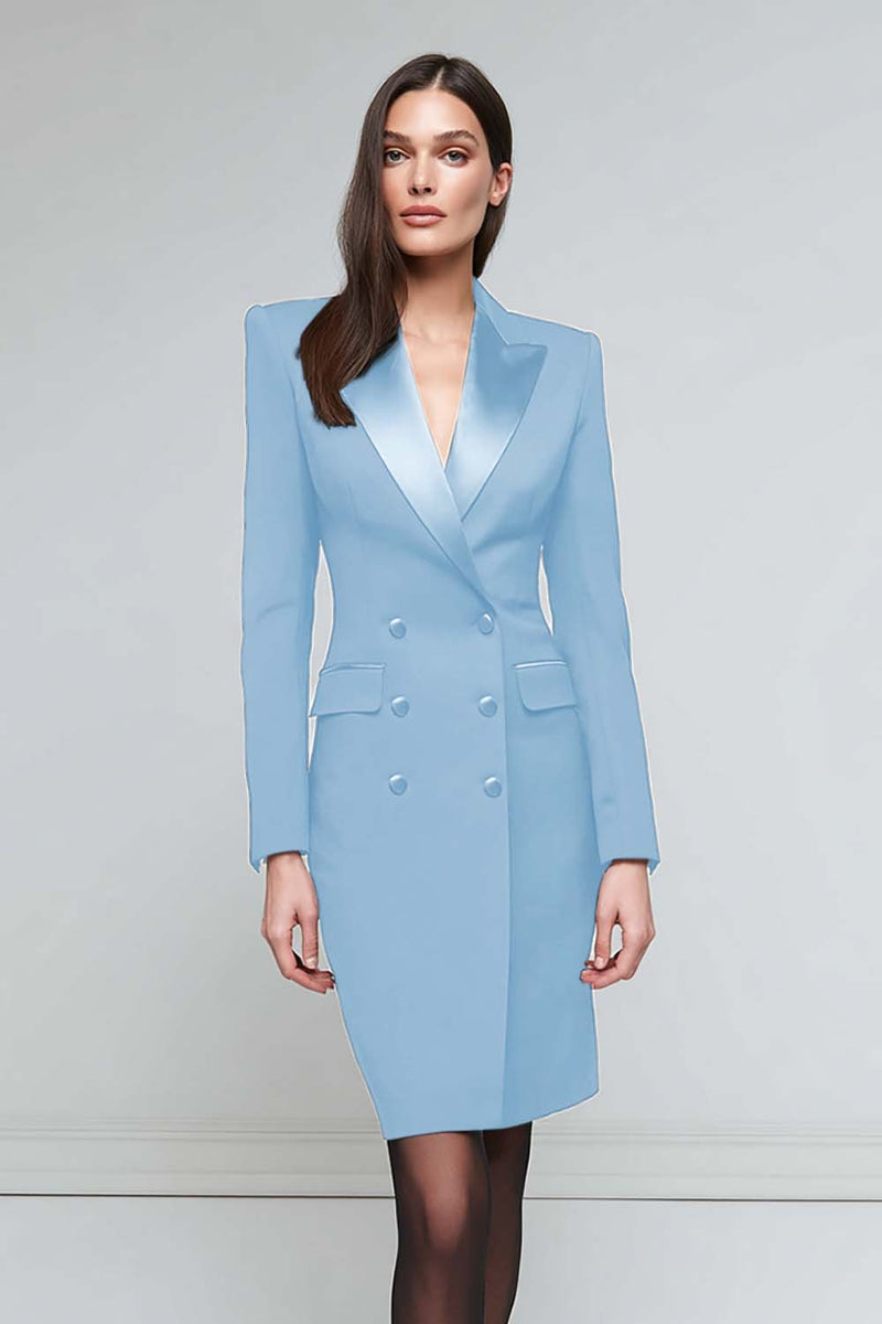 Load image into Gallery viewer, Black Peak Lapel Satin Pencil Double Breasted Midi Blazer Dress with Sleeves