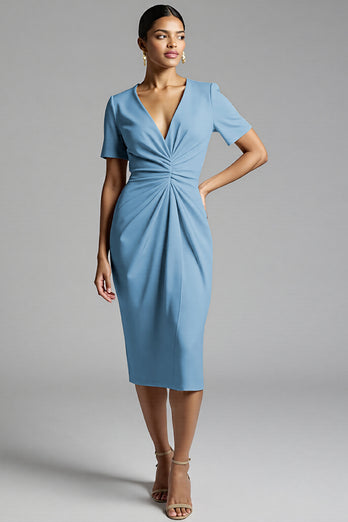 Tahiti Bodycon V-Neck Midi Satin Work Dress with Sleeves