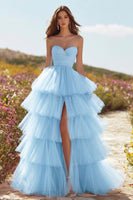 Load image into Gallery viewer, Pink Tulle Ruffled Long Prom Dress with Slit