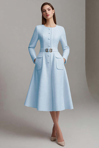Ivory Tweed Boat Neck A Line Midi Homecoming Outfits with Belts