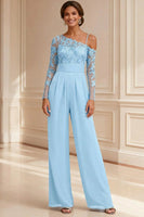 Load image into Gallery viewer, Sparkly Navy Beaded Asymmetrical Neck Long Mother of the Bride Jumpsuits with Lace