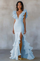 Load image into Gallery viewer, Dusty Blue Ruffled Mermaid Chiffon Long Formal Dress with Slit