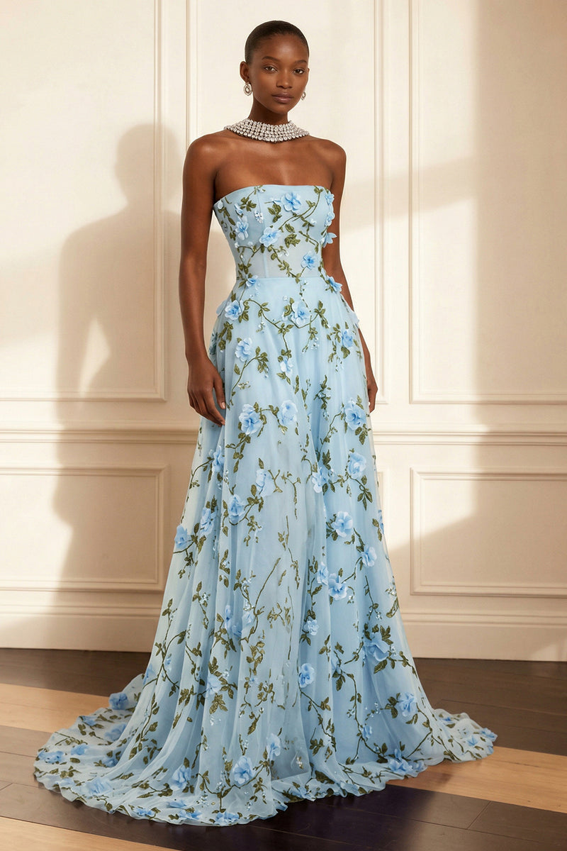 Load image into Gallery viewer, Floral Purple Strapless A Line Long Corset Prom Dress