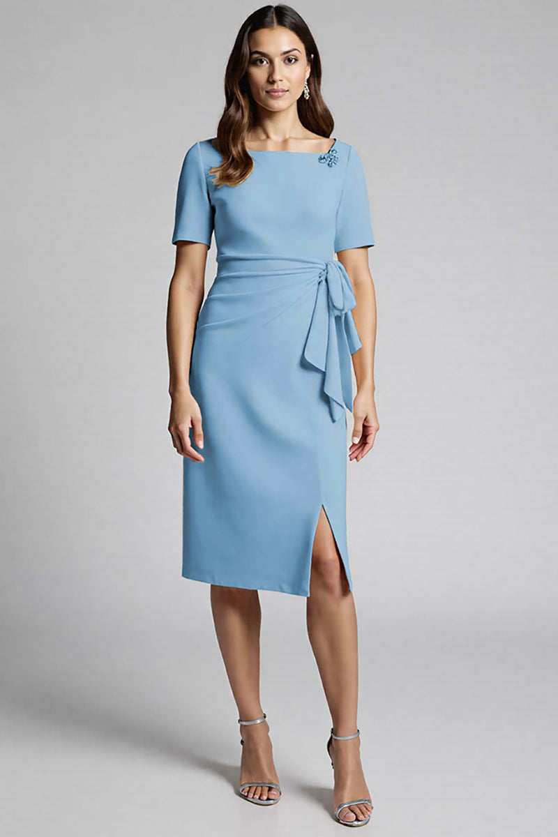 Load image into Gallery viewer, Dusty Blue Bodycon Midi Satin Work Dress with Slit