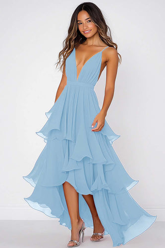 Sky Blue Chiffon A Line V-Neck Pleated Long Formal Dress
