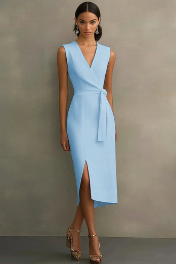 Red Bodycon Satin Tie Front Mid-Calf Work Dress with Slit