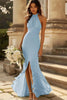 Load image into Gallery viewer, Dusty Rose Pleated Halter Sheath Chiffon Long Bridesmaid Dress