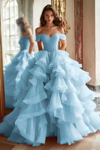 Pink Ball Gown A Line Tulle Off the Shoulder Tiered Long Quinceanera Dress with Ruffles