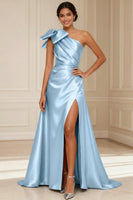 Load image into Gallery viewer, Silver Satin One Shoulder A Line Long Mother of the Bride Dress with Bow