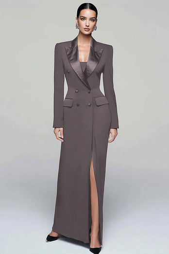 Queendancer Women Black Pencil Long Sleeves Blazer Dress with Slit Peak Lapel Double Breasted Coat Dress