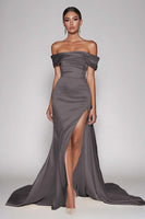 Load image into Gallery viewer, Dark Green Satin Off the Shoulder Sheath Long Prom Dress with Slit