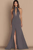 Load image into Gallery viewer, Royal Blue Simple Satin Keyhole Halter Long Formal Dress with Slit