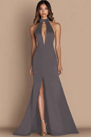 Load image into Gallery viewer, Royal Blue Simple Satin Keyhole Halter Long Formal Dress with Slit