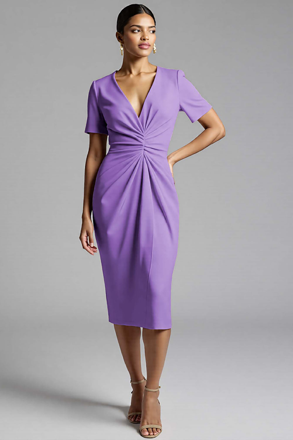 Tahiti Bodycon V-Neck Midi Satin Work Dress with Sleeves