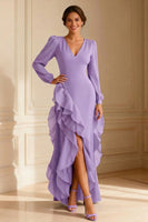 Load image into Gallery viewer, Purple Ruffled V Neck Asymmetrical Mother of the Bride Dress with Slit