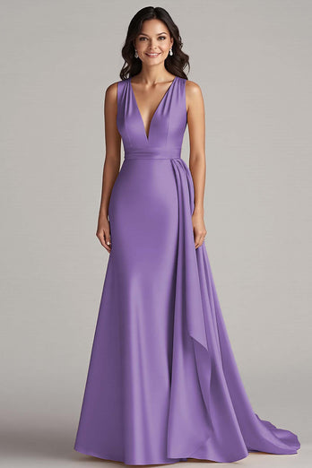 Peacock Mermaid Deep V-Neck Long Satin Formal Dress