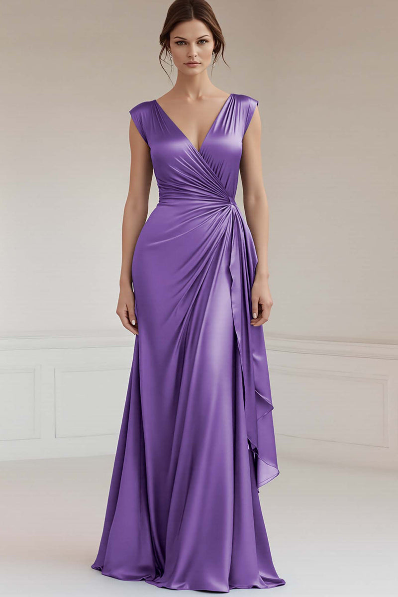 Load image into Gallery viewer, Peacock V-Neck Sheath Satin Long Formal Dress with Ruffles