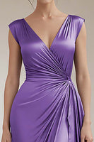 Load image into Gallery viewer, Peacock V-Neck Sheath Satin Long Formal Dress with Ruffles