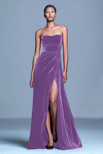 Burgundy Strapless Velvet Long Holiday Party Dress with Slit