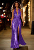 Load image into Gallery viewer, Sparkly Tahiti Metallic Sheath Halter Ruched Long Formal Dress with Slit