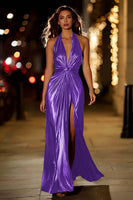Load image into Gallery viewer, Sparkly Tahiti Metallic Sheath Halter Ruched Long Formal Dress with Slit