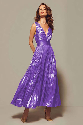 Queendancer Women Sparkly Tahiti Metallic Long Formal Dress Pleated V-Neck A-Line Ankle Length Holiday Party Dress