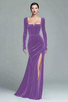 Load image into Gallery viewer, Dark Green Velvet Ruched Square Neck Long Holiday Party Dress with Slit