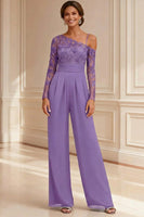 Load image into Gallery viewer, Sparkly Navy Beaded Asymmetrical Neck Long Mother of the Bride Jumpsuits with Lace