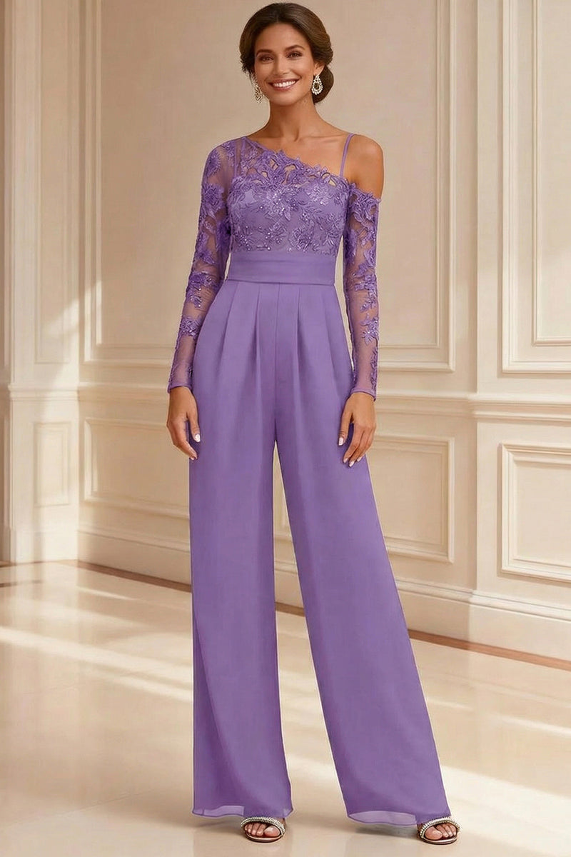 Load image into Gallery viewer, Sparkly Navy Beaded Asymmetrical Neck Long Mother of the Bride Jumpsuits with Lace