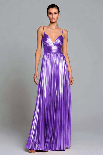 Sparkly Tahitiv Metallic Pleated A-Line Spaghetti Straps Long Formal Dress